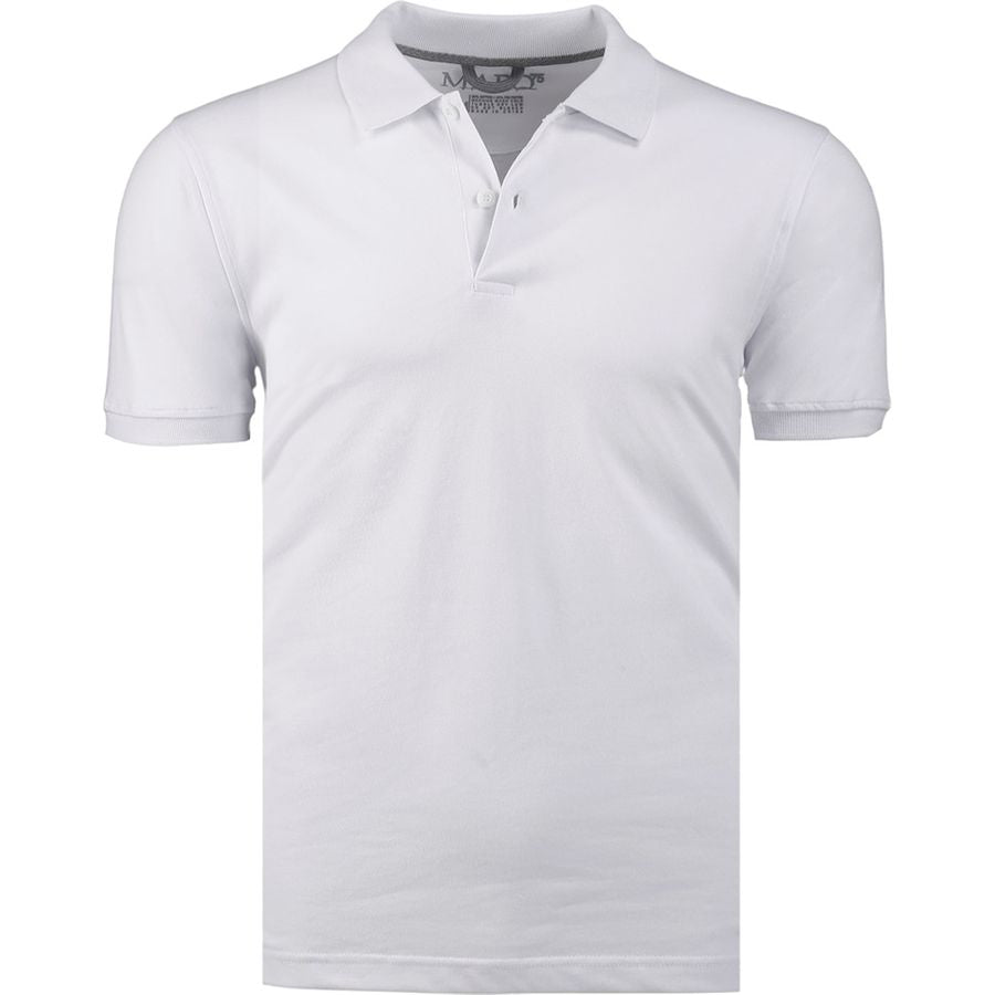 White men's polo shirt with two-button placket, ribbed collar and cuffs.