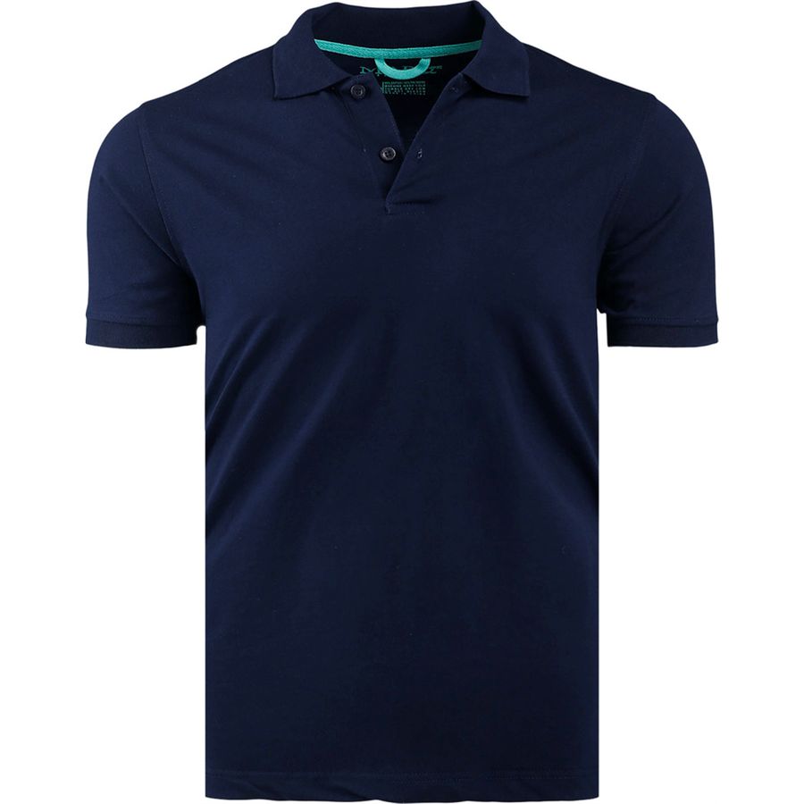 Navy men's polo shirt with two-button placket, ribbed collar and cuffs.