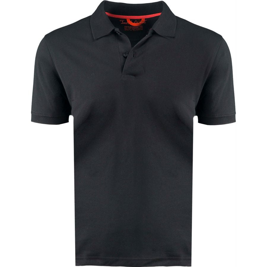 Black men's polo shirt with two-button placket, ribbed collar and cuffs.