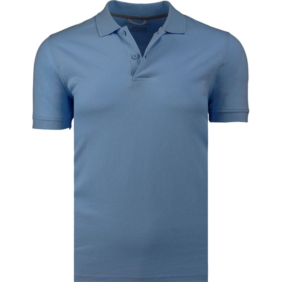 Steel Blue men's polo shirt with two-button placket, ribbed collar and cuffs.