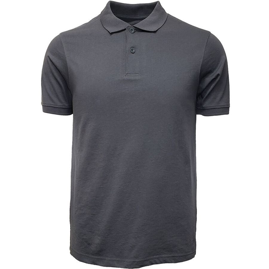Charcoal men's polo shirt with two-button placket, ribbed collar and cuffs.