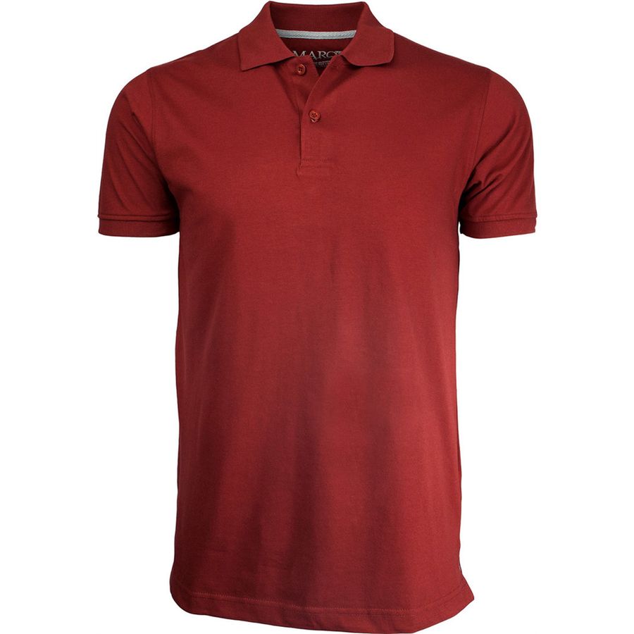 Burgundy men's polo shirt with two-button placket, ribbed collar and cuffs.