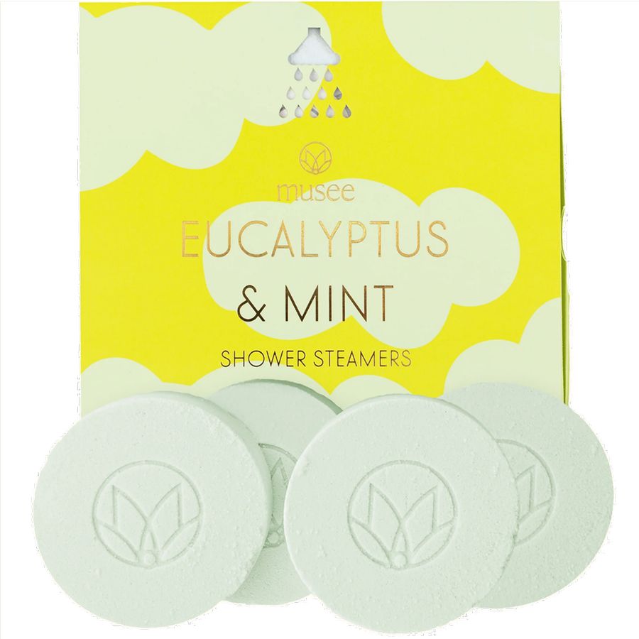 Pack of Eucalyptus & Mint shower steamers with a yellow packaging background