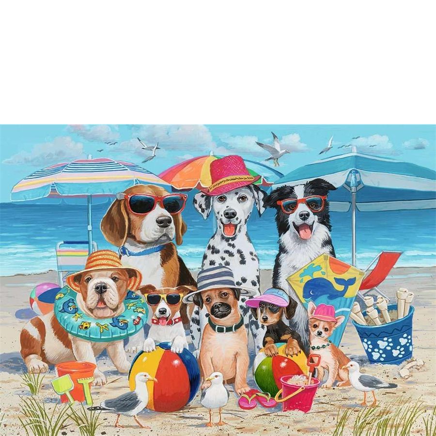 Illustration of dogs at the beach with umbrellas, towels, and beach balls.