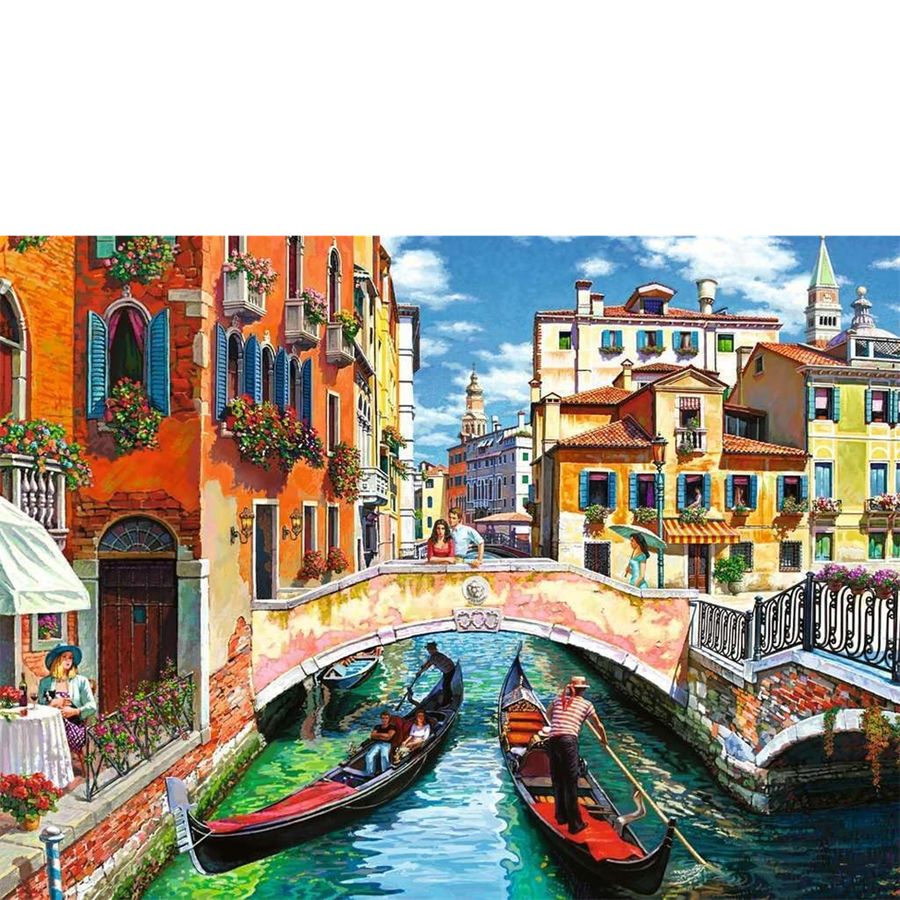 Colorful painting of a canal scene with gondolas and buildings in Venice.