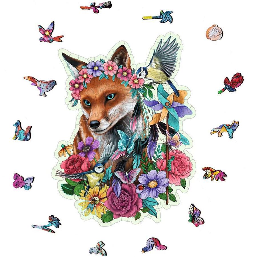 Colorful illustration of a fox surrounded by flowers, birds, and butterflies on a white background.
