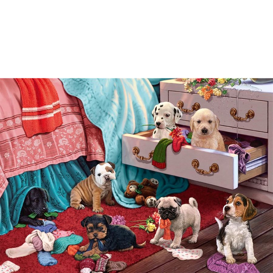 Illustration of puppies in a bedroom setting with a dresser, blankets, and toys.