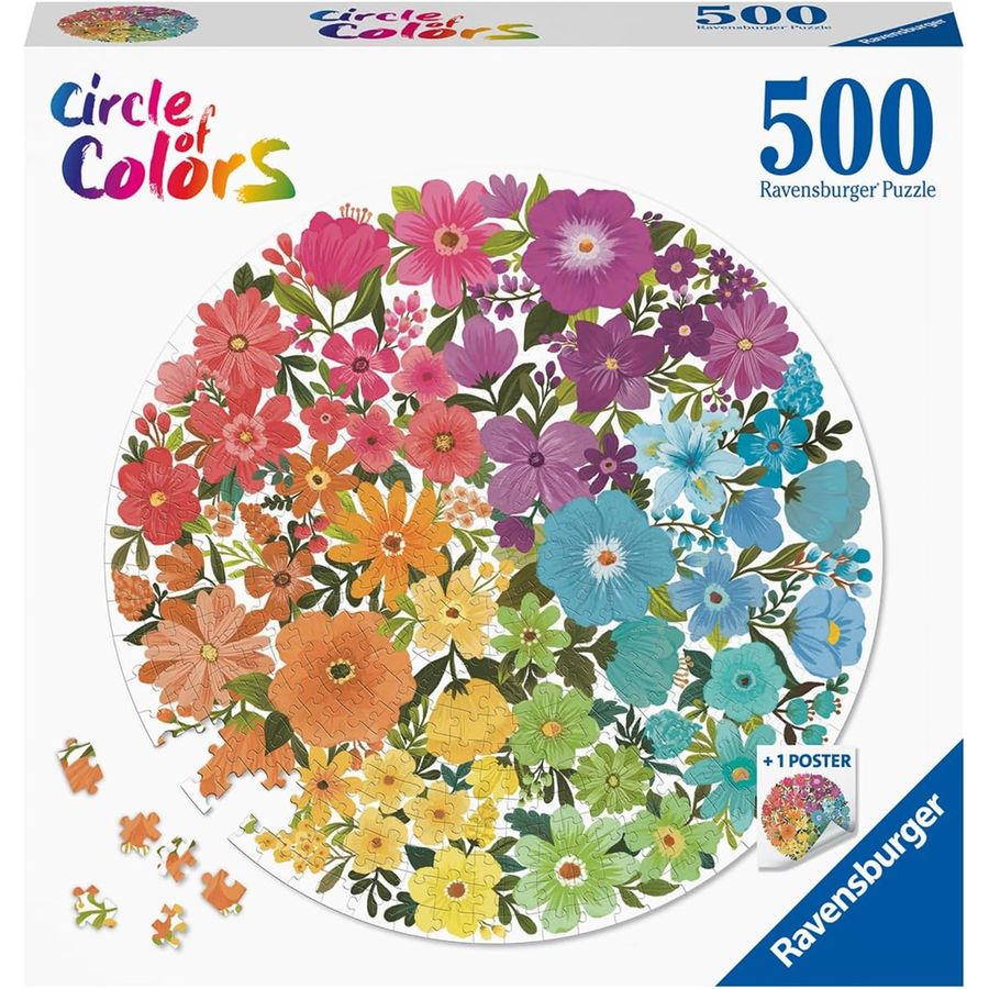 Ravensburger 500-piece puzzle packaging with colorful flowers on a white background