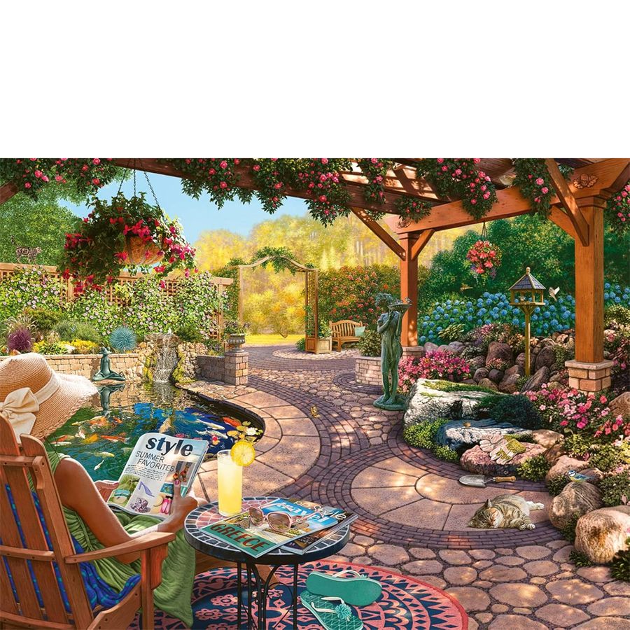 Garden scene with a wooden chair, table, and decorative elements.