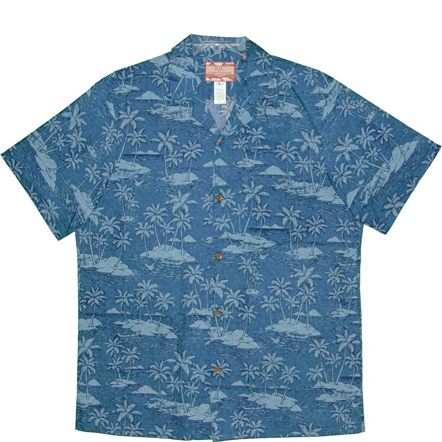 Blue Hawaiian shirt with tropical pattern on a white background