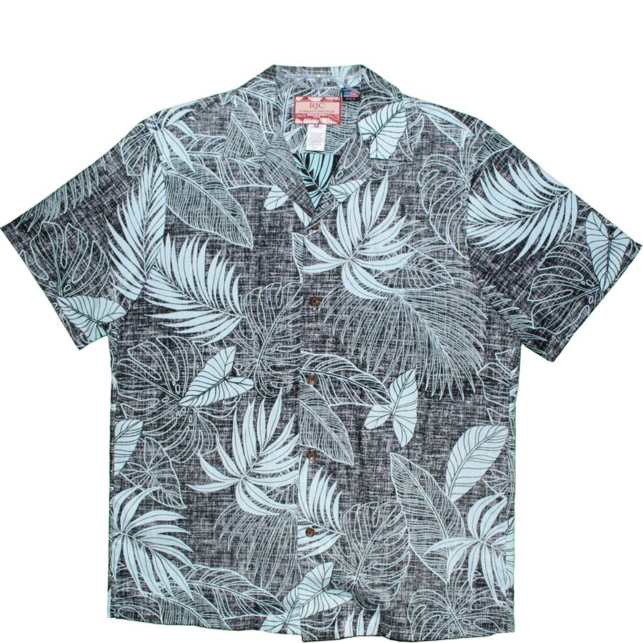 Short-sleeve shirt with tropical leaf pattern on a white background