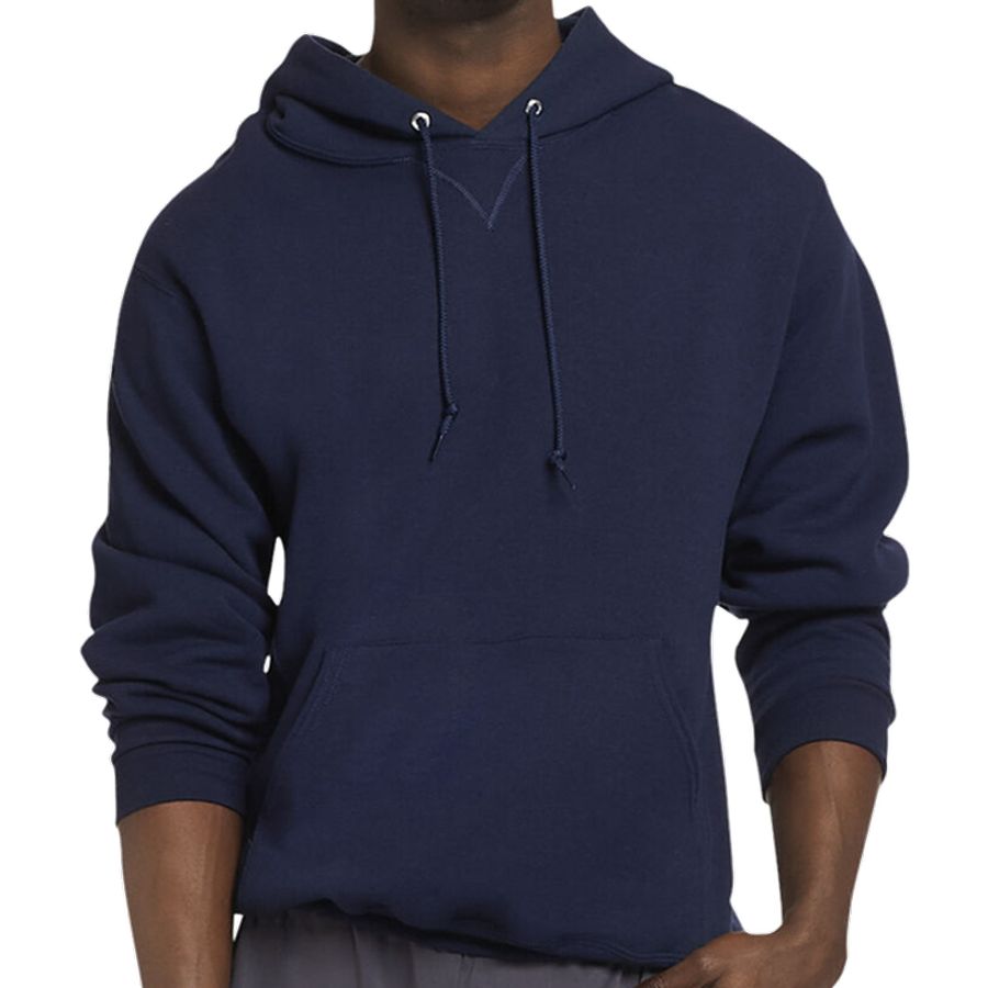 Navy blue hoodie worn by a person on a white background