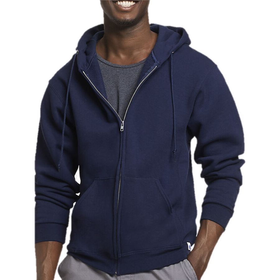 Man wearing a navy blue hoodie on a white background