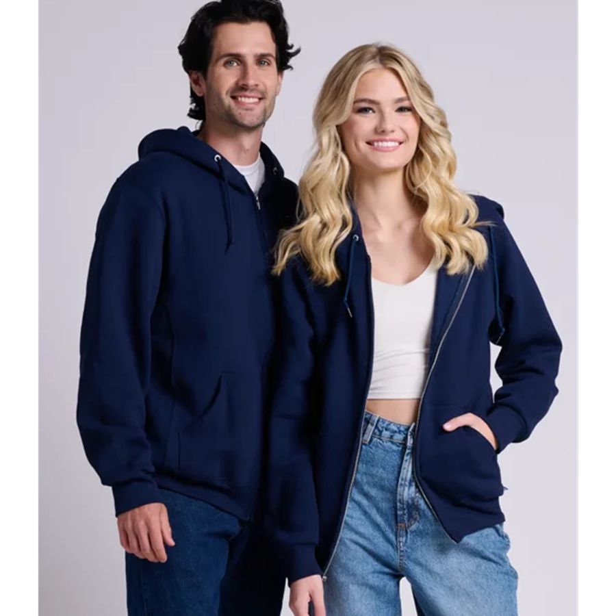 Two people wearing navy blue hoodies against a plain background