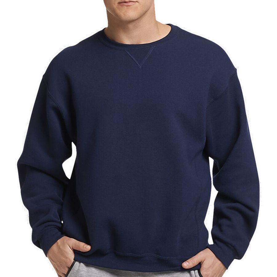Person wearing a navy blue sweatshirt on a white background