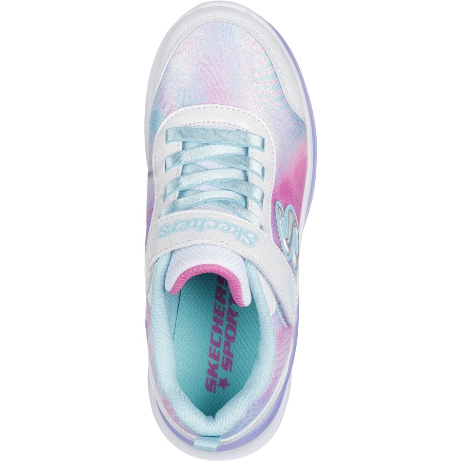 Pastel tie-dye sneaker with 'Skechers' branding on a white background