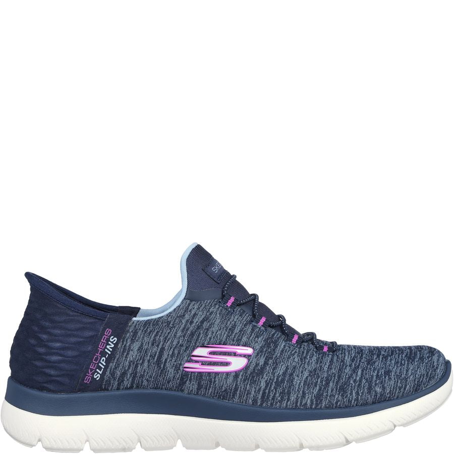 Navy blue sneaker with pink accents on a white background