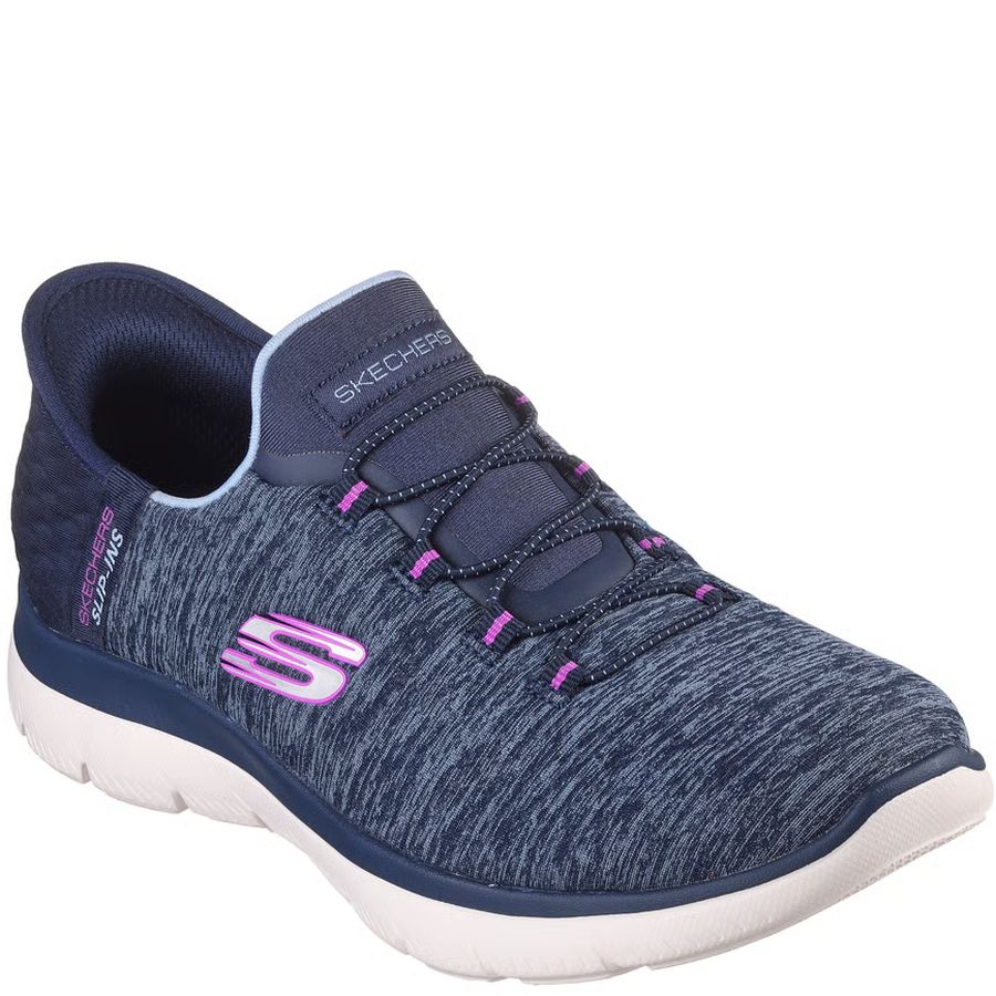 Navy blue sneaker with pink accents on a white background
