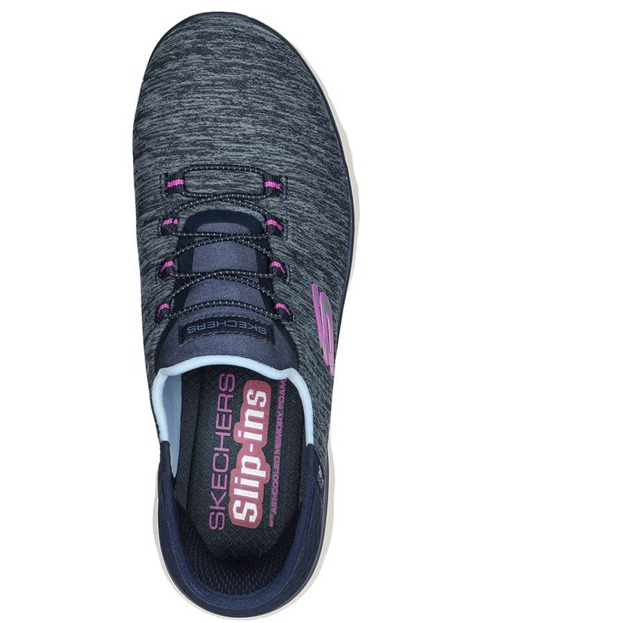 Navy and pink sneaker with 'Skechers' branding on a white background