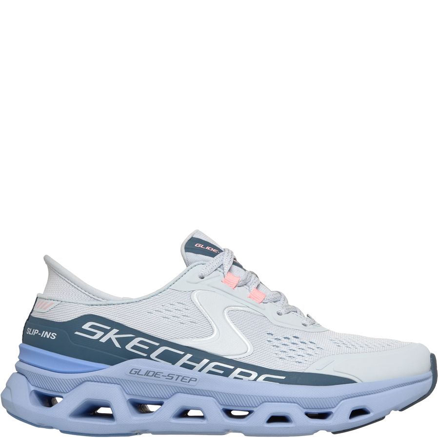 White and blue running shoe with 'Skechers' branding on a white background