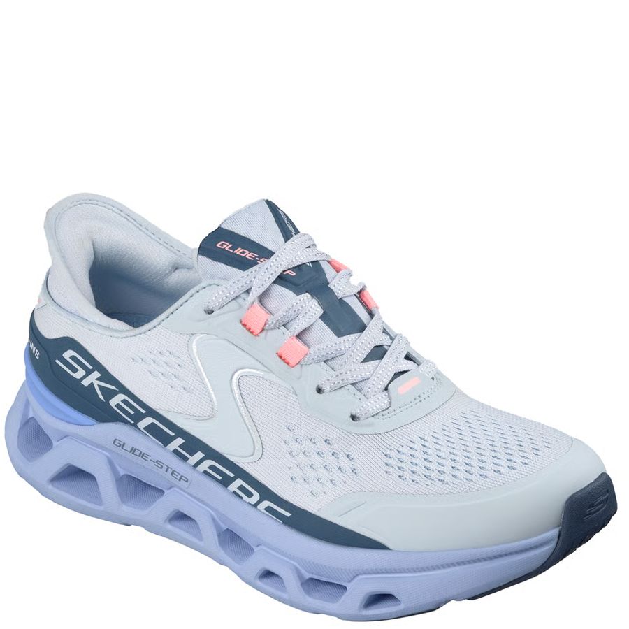 Light blue running shoe with 'Skechers' branding on a white background