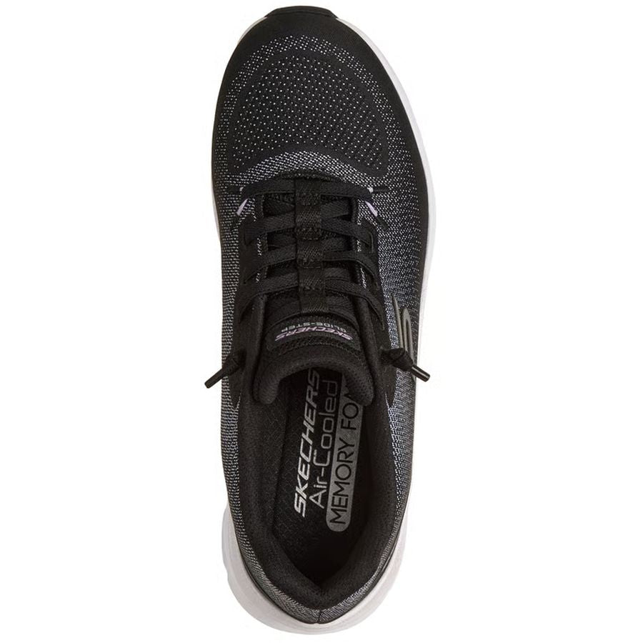 Black sneaker with visible 'Skechers' branding on a white background