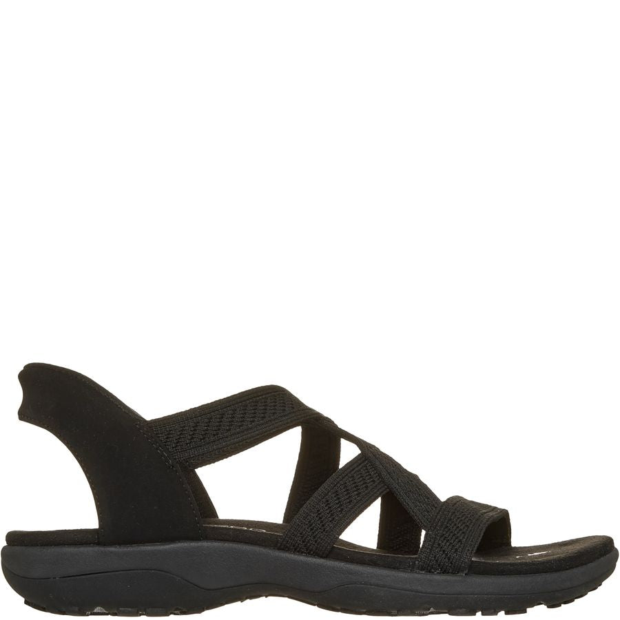 Black sandal with multiple straps on a white background