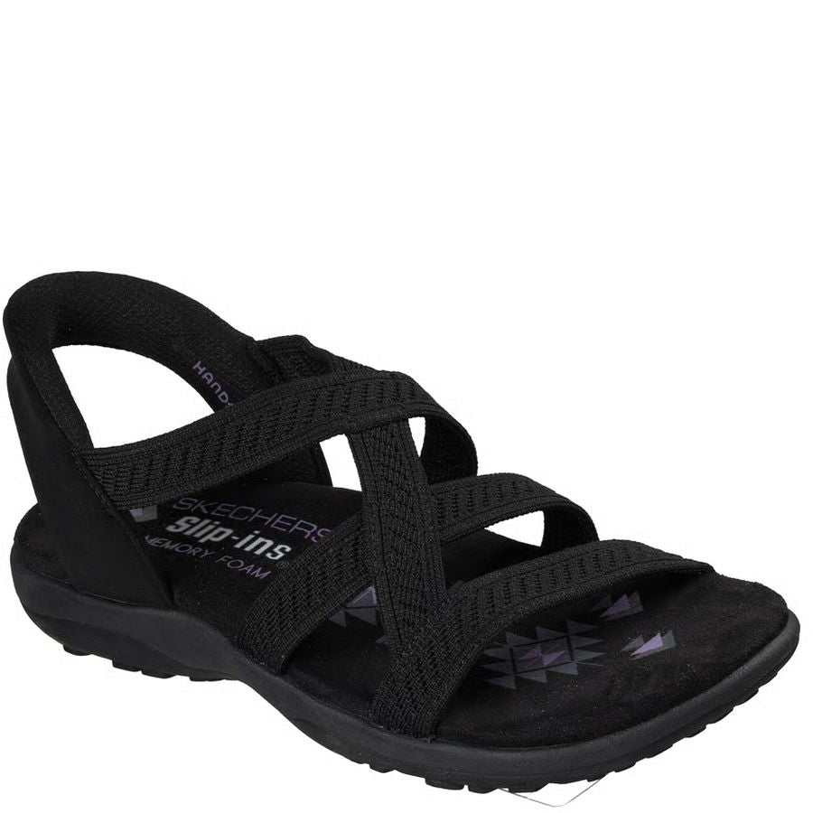 Black sandal with multiple straps on a white background