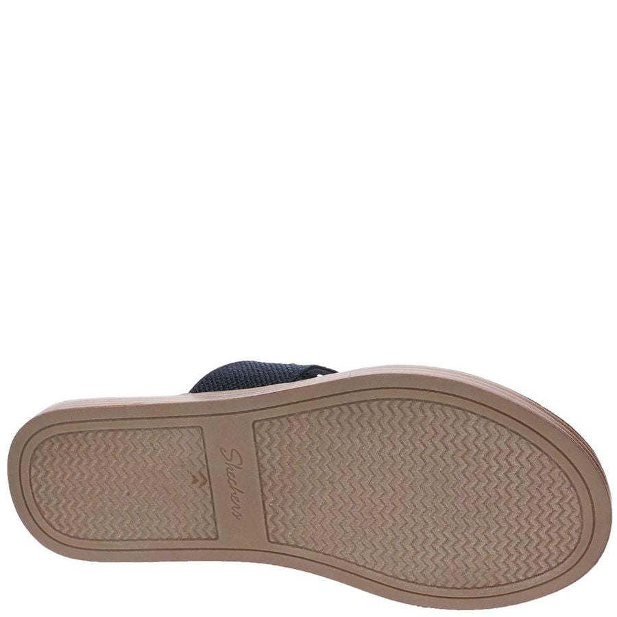 Close-up of a sandal sole with 'Skechers' branding on a white background