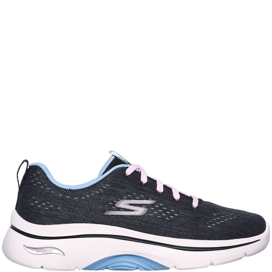 Black running shoe with pink laces on a white background