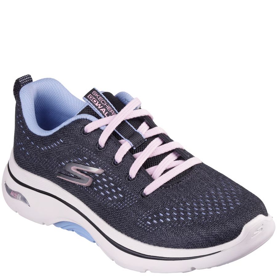 Navy running shoe with pink laces on a white background