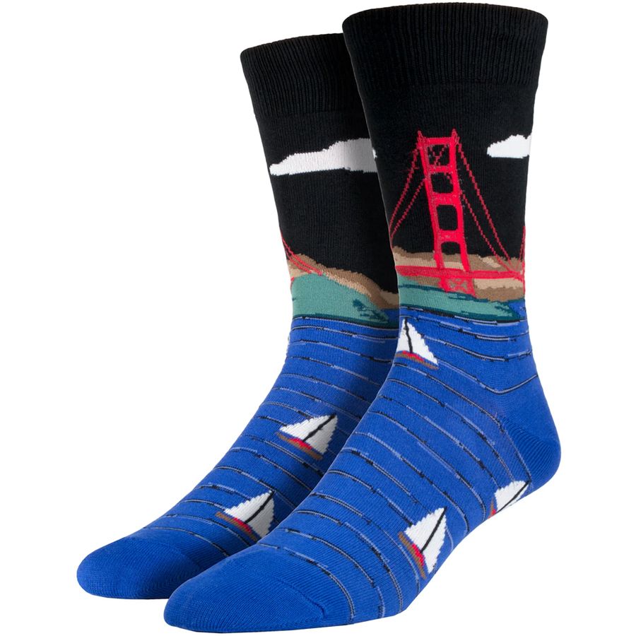 Pair of socks with a design of the Golden Gate Bridge and sailboats on a white background