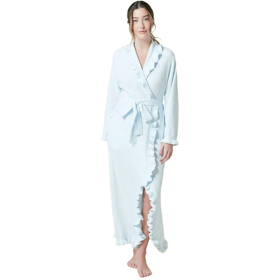 A woman modeling a light blue long-sleeve bathrobe with ruffled trim and a tie belt, shown against a plain white background.