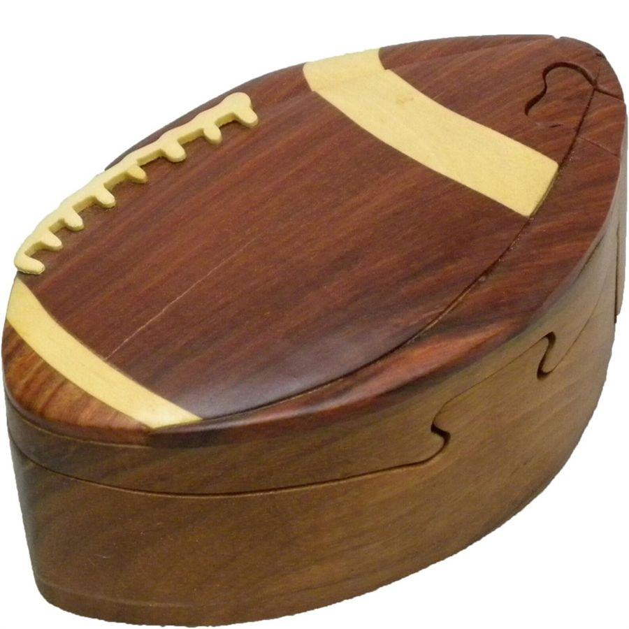 Handcrafted Carved Wood Puzzle Box with Secret Compartment, Football shape.