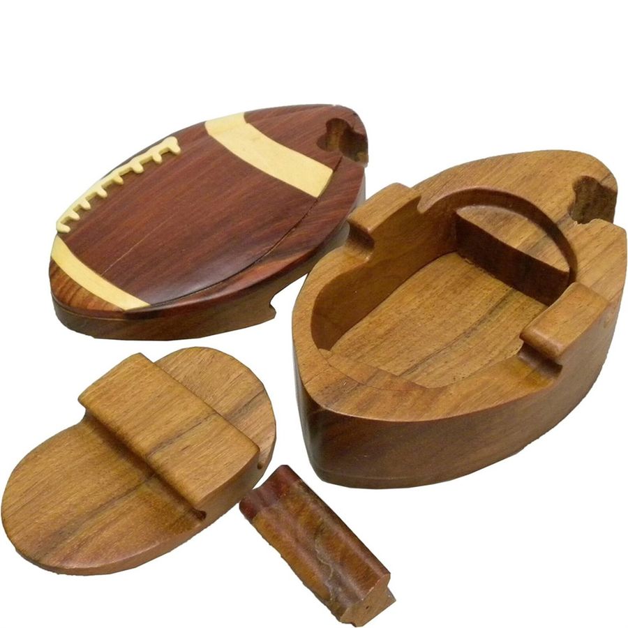 Handcrafted Carved Wood Puzzle Box with Secret Compartment, opened with all the pieces layed out.