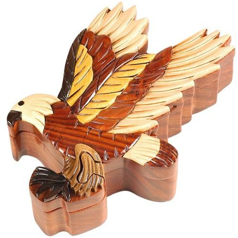 Handcrafted Carved Wood Puzzle Box with Secret Compartment, eagle shape.