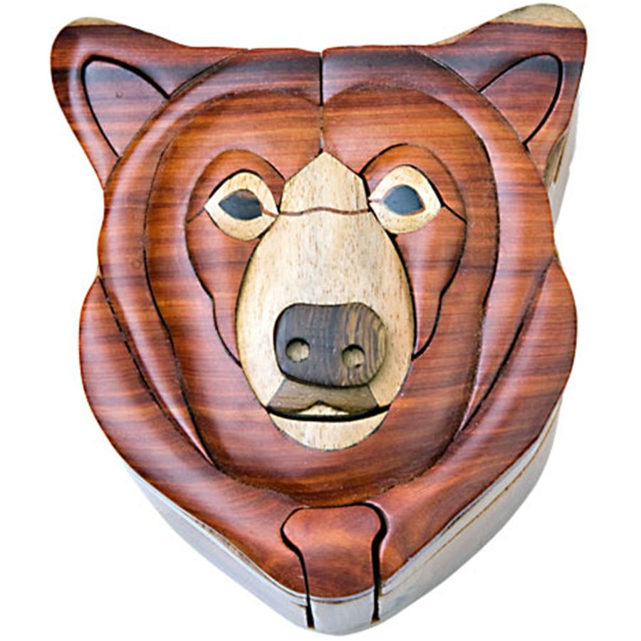 Handcrafted Carved Wood Puzzle Box with Secret Compartment, bear shape.