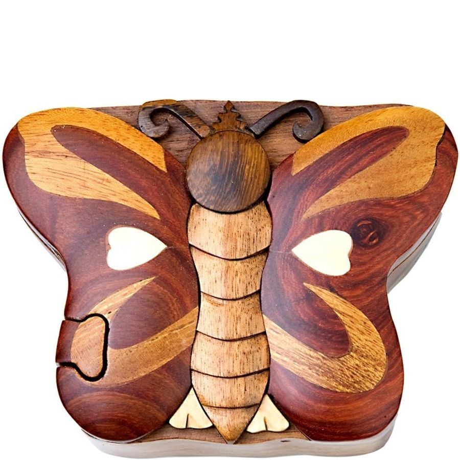 Handcrafted Carved Wood Puzzle Box with Secret Compartment, butterfly shape.