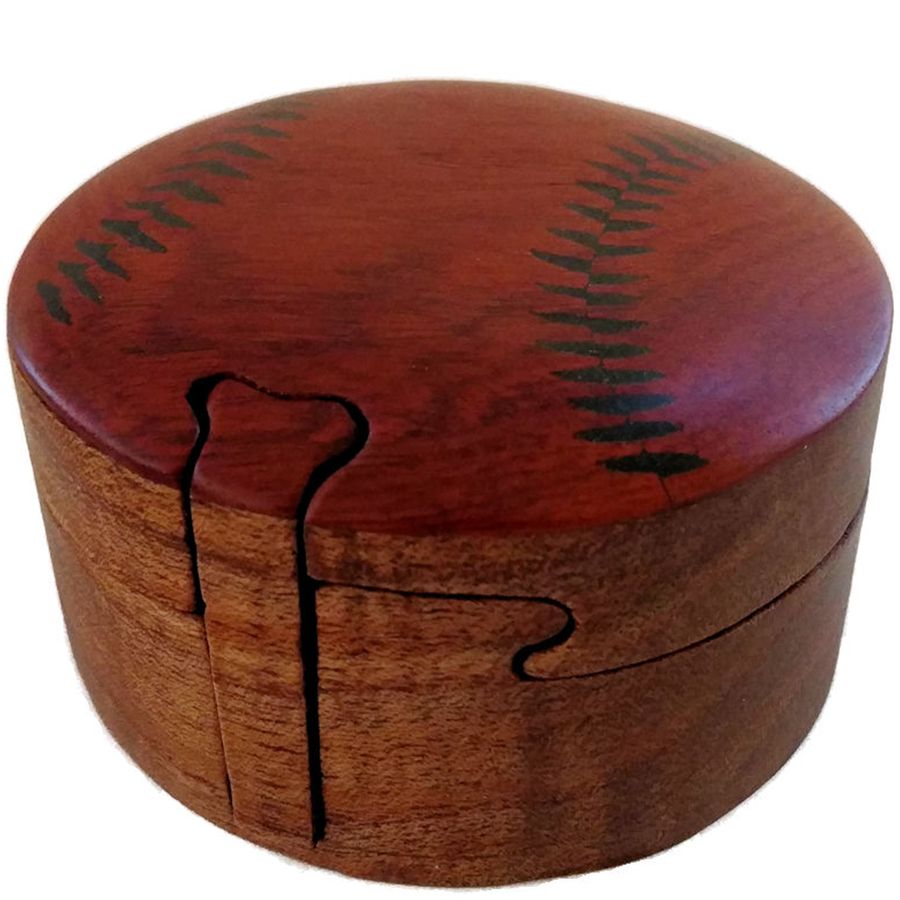 Handcrafted Carved Wood Puzzle Box with Secret Compartment, baseball shape.