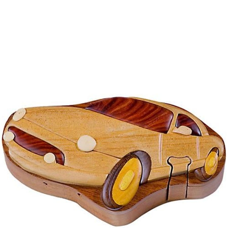 Handcrafted Carved Wood Puzzle Box with Secret Compartment, car shaped.