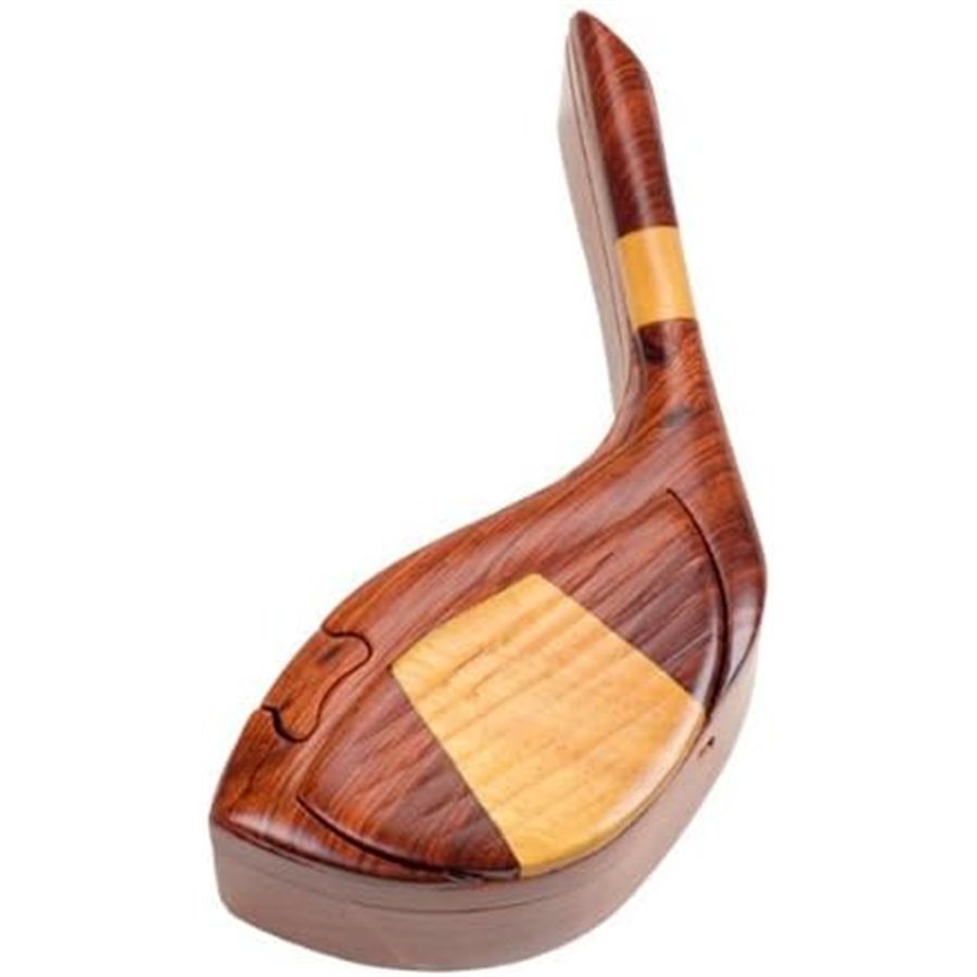 Handcrafted Carved Wood Puzzle Box with Secret Compartment, golf club shape.