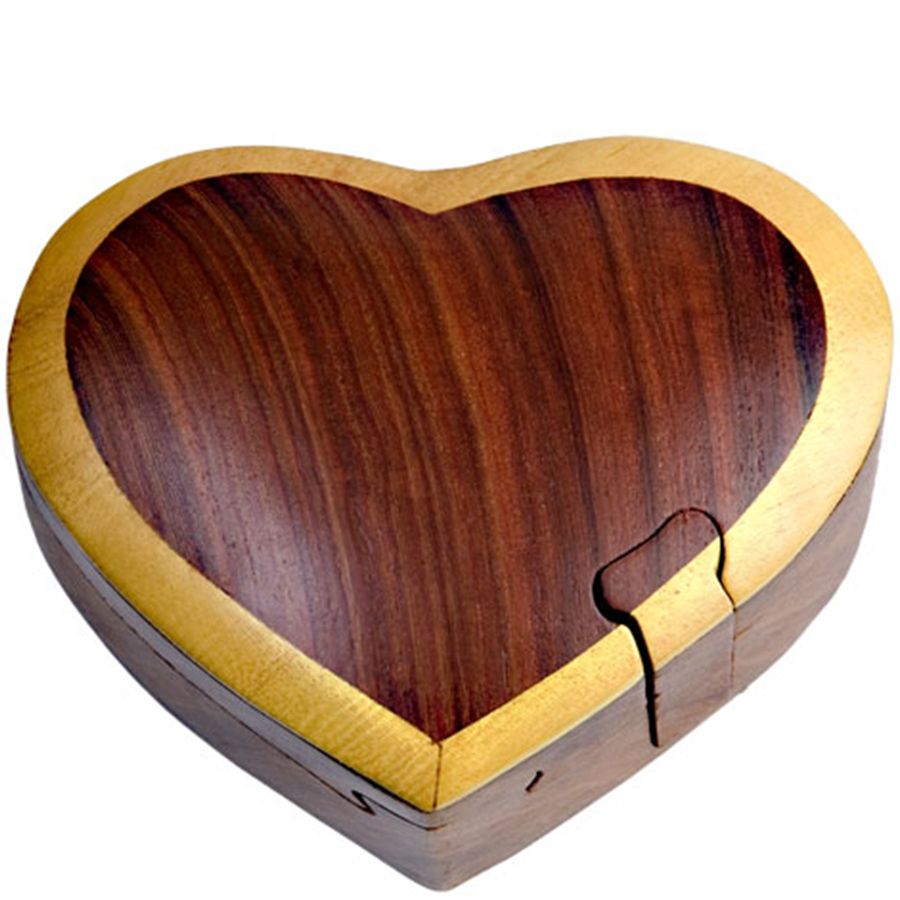 Handcrafted Carved Wood Puzzle Box with Secret Compartment, heart shaped.