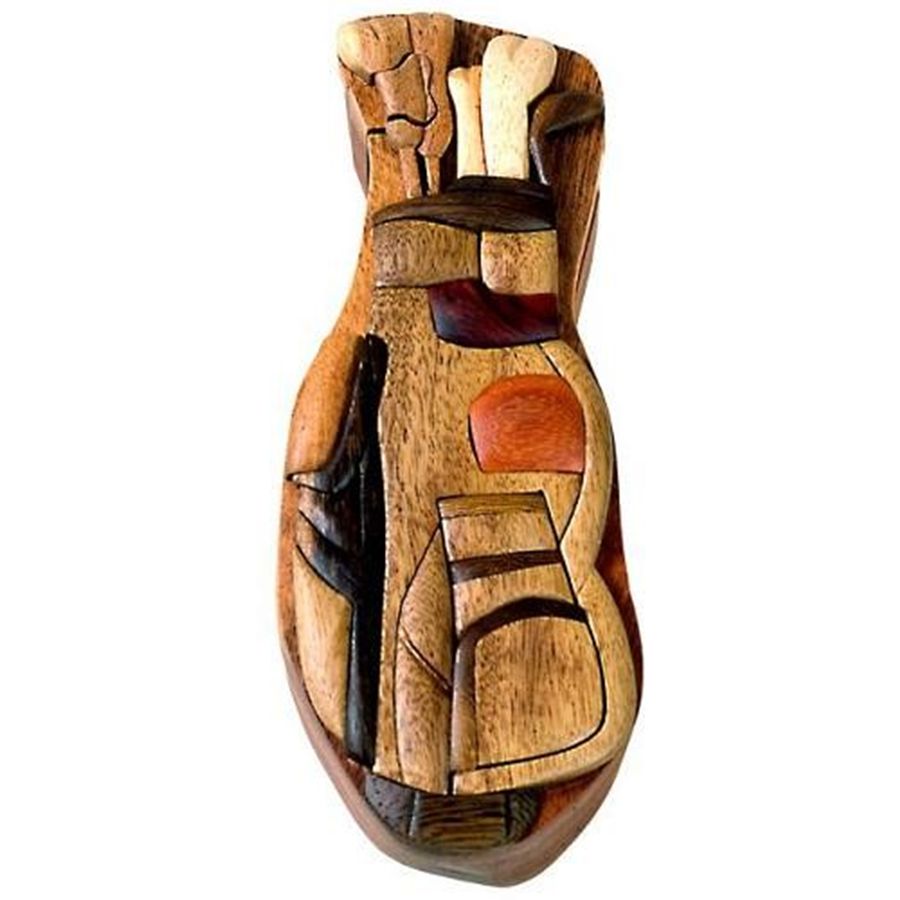 Handcrafted Carved Wood Puzzle Box with Secret Compartment, golf bag shaped.