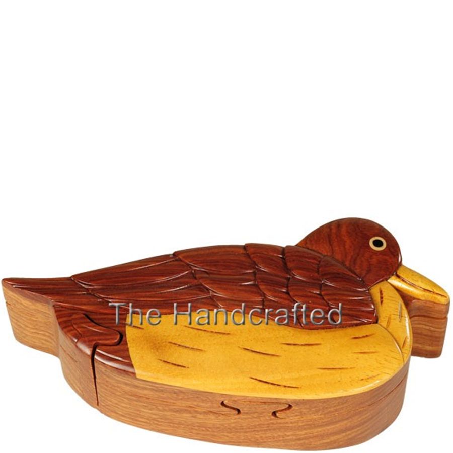 Handcrafted Carved Wood Puzzle Box with Secret Compartment, duck shaped.
