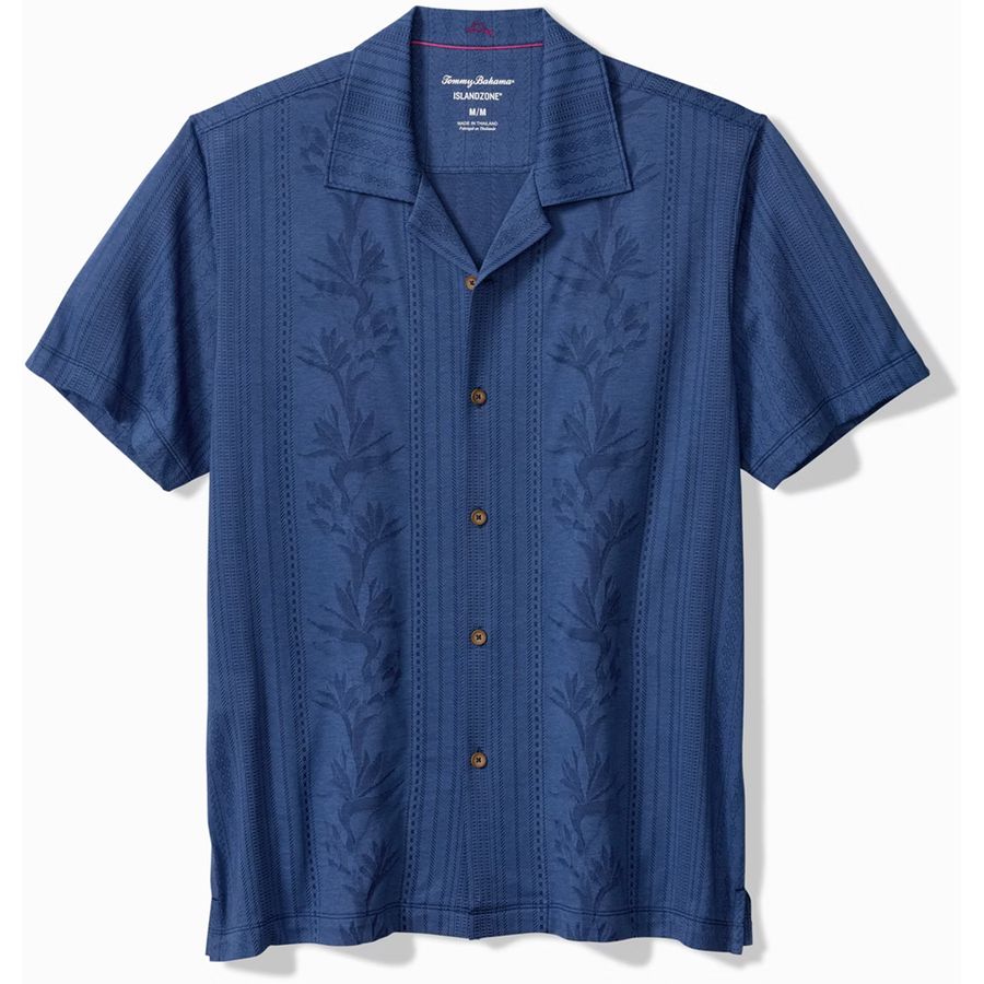 Blue patterned shirt with buttons on a white background