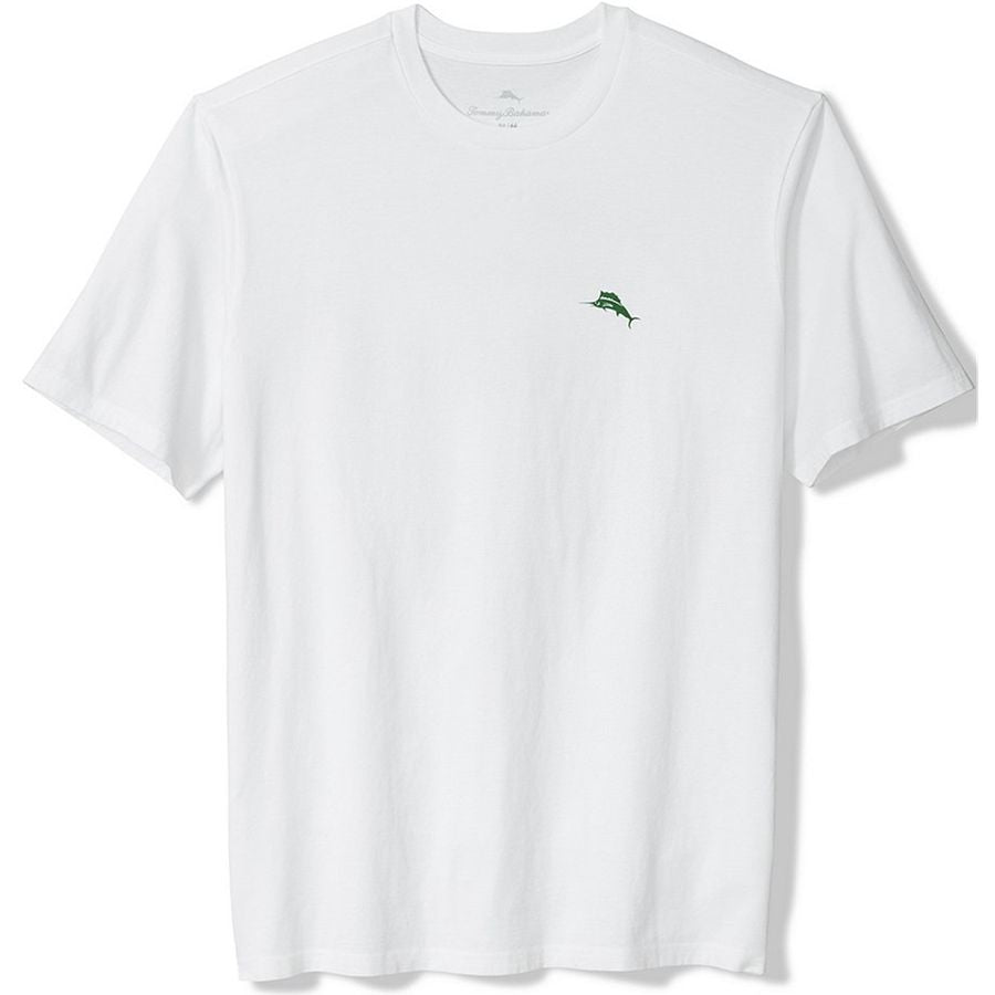 White t-shirt with a green logo on a white background