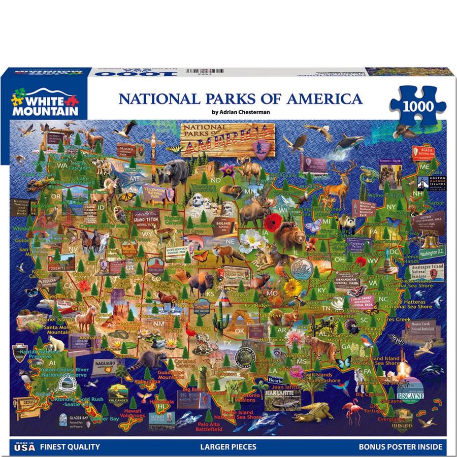 Jigsaw puzzle box featuring a map of National Parks of America by White Mountain Puzzles.