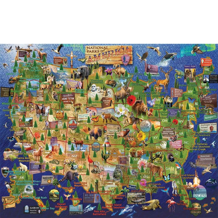 Map of the United States with national parks and animals depicted