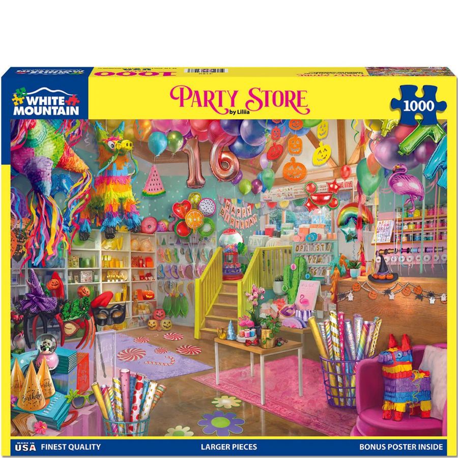 Jigsaw puzzle box featuring a colorful party store scene with various party supplies.