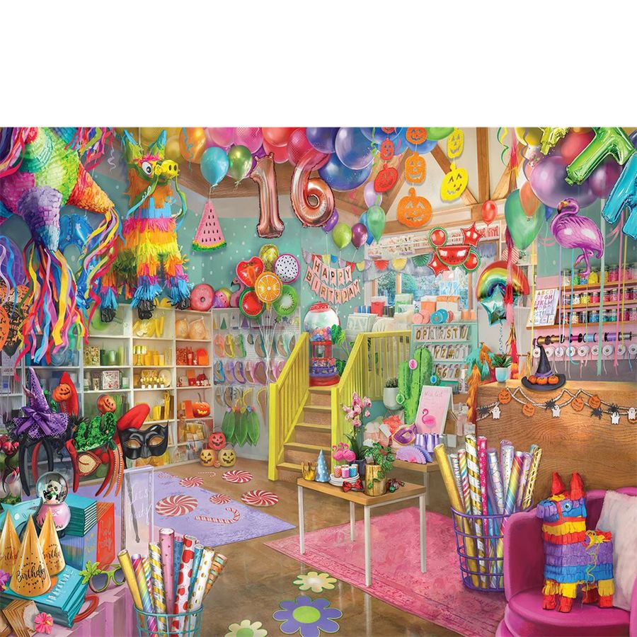 Colorful children's room with birthday decorations, balloons, and toys.